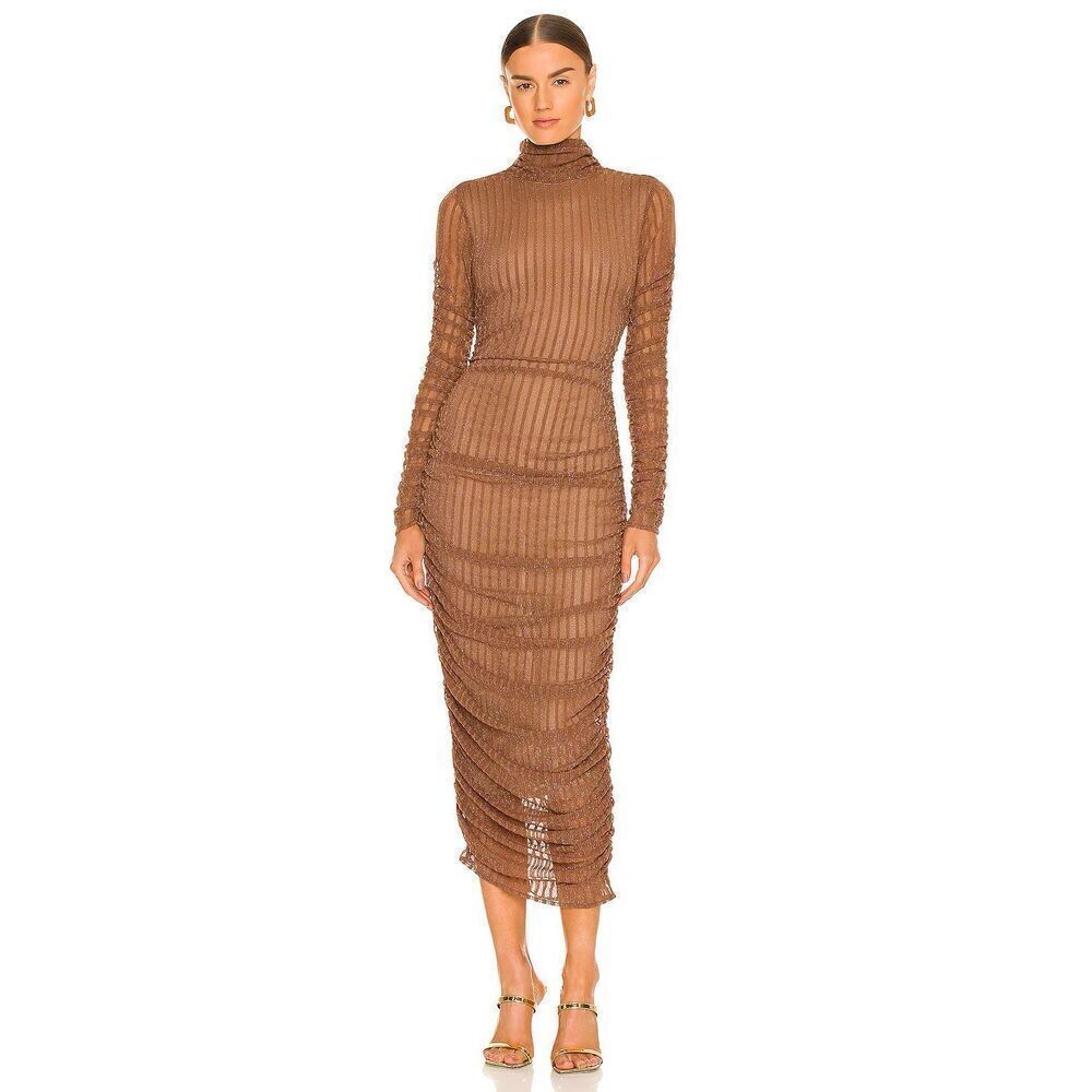 Camila Coelho Joelle Midi Dress in Brown Bodycon Ruched Mesh Metallic High Neck